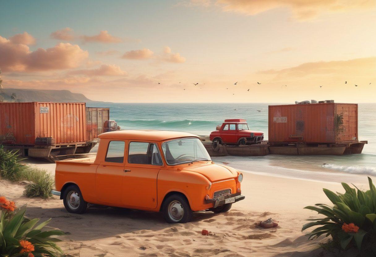A stylish beach scene featuring a diverse group of people enjoying the summer sun in vibrant swimwear, with shipping crates and vintage delivery vehicles in the background symbolizing swift shipping. Incorporate elements of melancholy by adding soft, muted colors to the sky and subtle waves. Include exotic plants and beach accessories for added detail. bright colors. summer vibe. 3D.